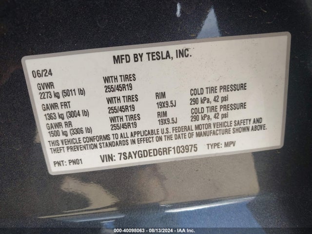 Tesla Model Y Long Range/rwd 2024 7SAYGDED6RF103975 Image 9
