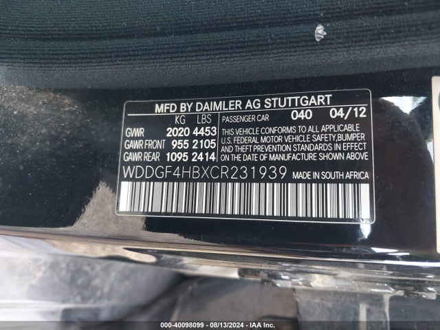2012 Mercedes-benz C 250 Luxury/sport მანქანა იყიდება აუქციონზე, vin: WDDGF4HBXCR231939, აუქციონის ნომერი: 40098099