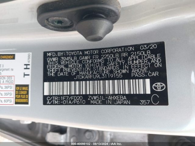 JTDKARFU9L3119155 Toyota Prius Le