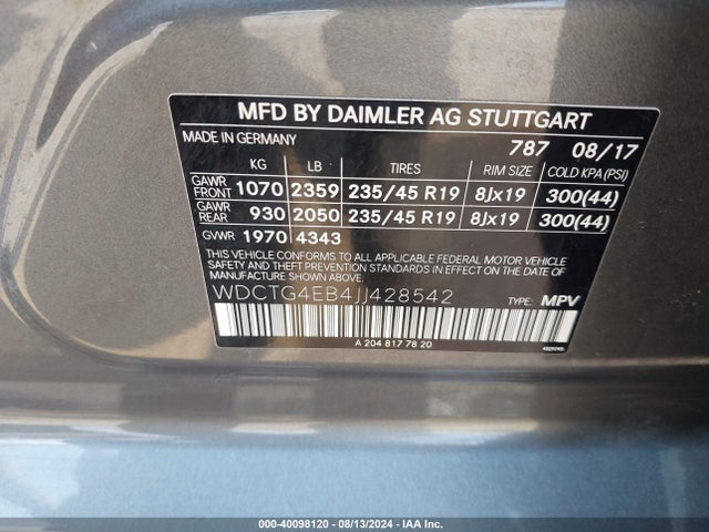 WDCTG4EB4JJ428542 Mercedes-Benz GLA 250