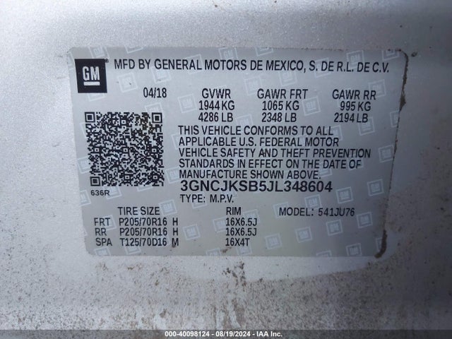 Chevrolet TRAX LS 2018 3GNCJKSB5JL348604 Image 9