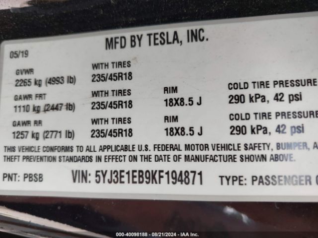 5YJ3E1EB9KF194871 Tesla Model 3 Long Range/performance