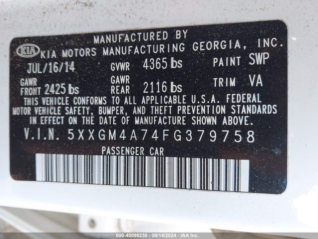 KIA Optima Lx 2015 5XXGM4A74FG379758 Image 9