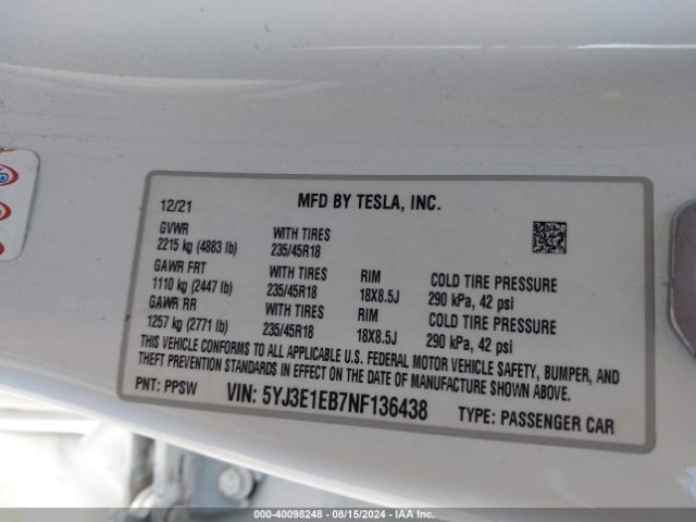 2022 TESLA MODEL 3 5YJ3E1EB7NF136438 Photo 8