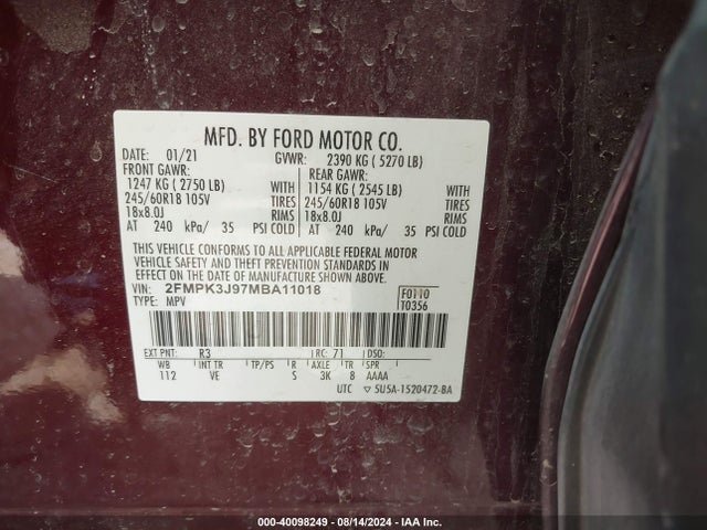 Ford EDGE SEL 2021 2FMPK3J97MBA11018 Image 9