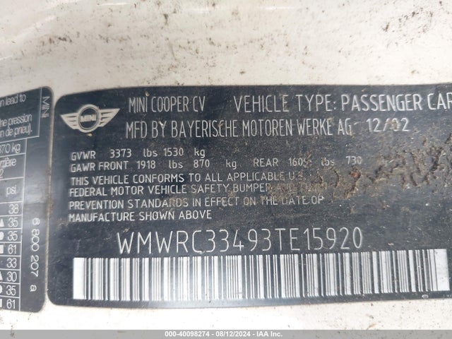 2003 MINI COOPER WMWRC33493TE15920 Photo 8
