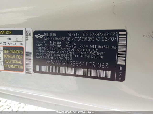 2007 MINI COOPER WMWMF33537TT51063 Photo 8