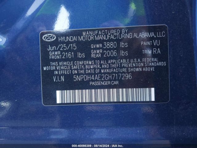 5NPDH4AE2GH717296 Hyundai ELANTRA SE