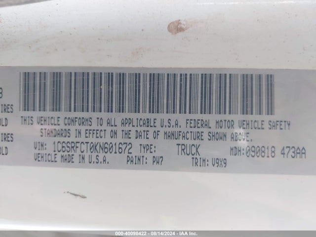 1C6SRFCT0KN601672 RAM 1500 Tradesman Quad Cab 4x4 6'4 Box
