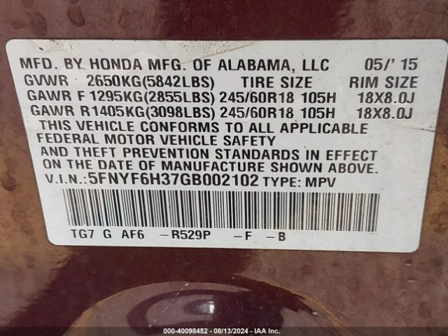 5FNYF6H37GB002102 Honda Pilot Ex