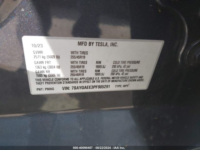 7SAYGAEE3PF905291 Tesla Model Y Awd/long Range Dual Motor All-wheel Drive