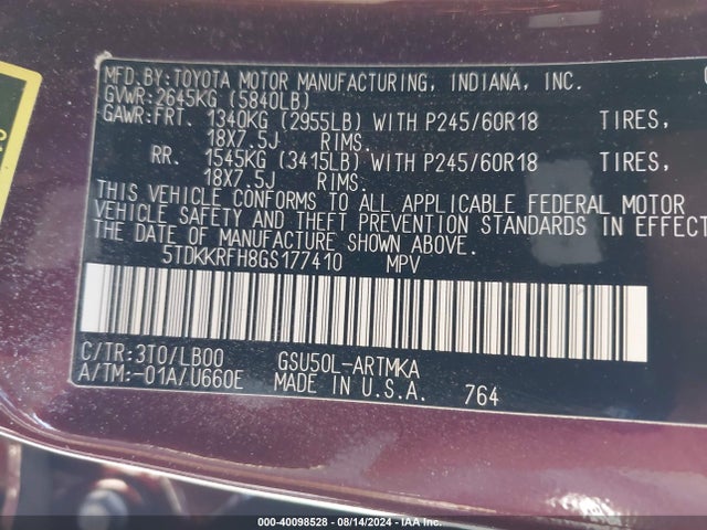 Toyota Highlander Xle V6 2016 5TDKKRFH8GS177410 Image 9