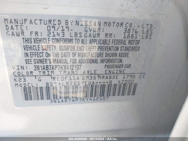 Nissan SENTRA S 2019 3N1AB7AP7KY412107 Image 9