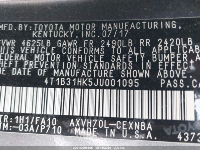 4T1B31HK5JU001095 Toyota Camry Hybrid Le