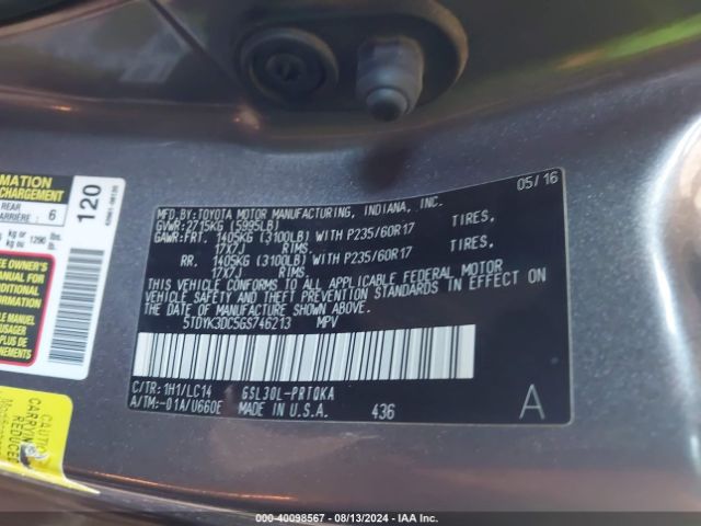 5TDYK3DC5GS746213 Toyota Sienna Xle 8 Passenger