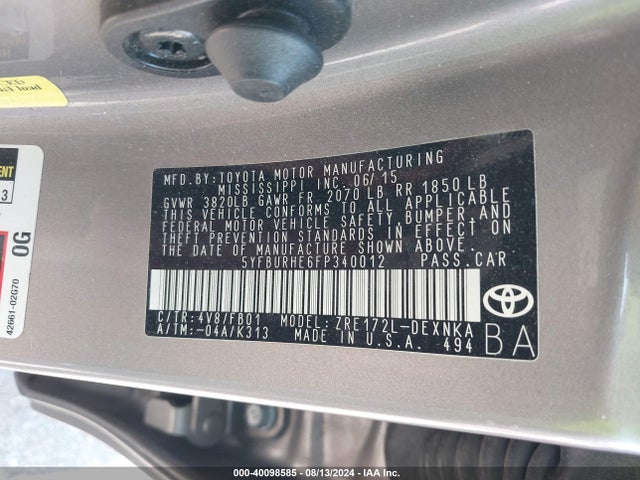Toyota COROLLA LE 2015 5YFBURHE6FP340012 Image 9