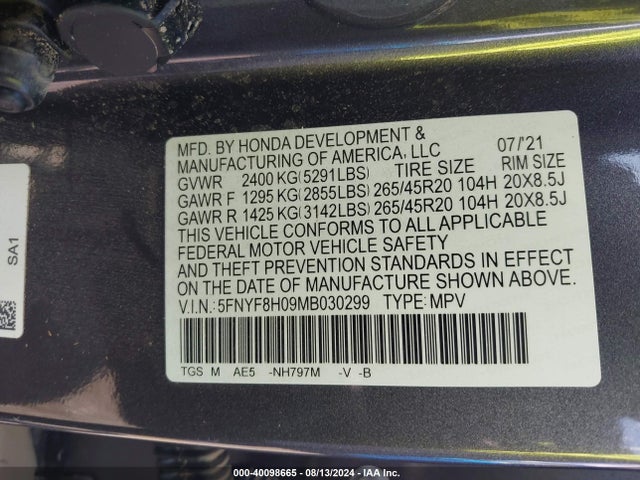 Honda Passport Awd Elite 2021 5FNYF8H09MB030299 Image 9