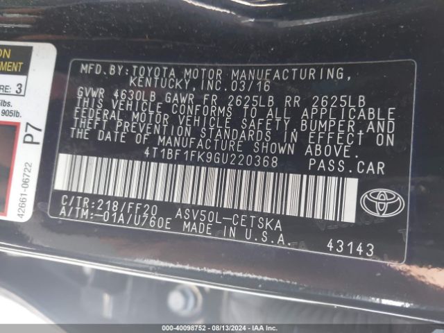 4T1BF1FK9GU220368 Toyota CAMRY SE