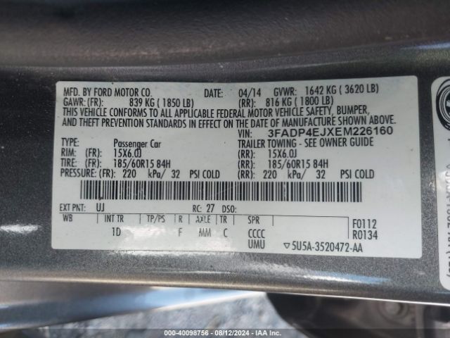 3FADP4EJXEM226160 Ford FIESTA SE