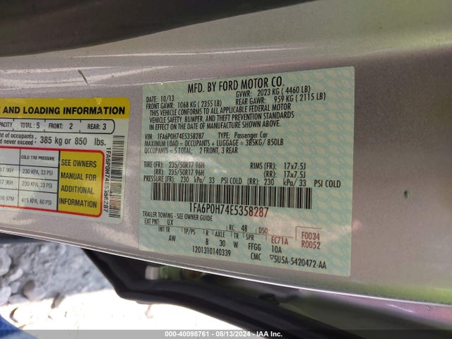 Ford FUSION SE 2014 1FA6P0H74E5358287 Image 9