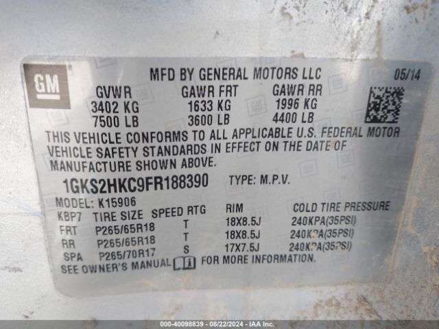 1GKS2HKC9FR188390 GMC Yukon Xl 1500 Slt