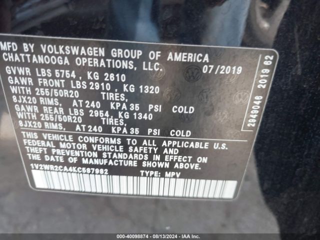 1V2WR2CA4KC587982 Volkswagen Atlas 3.6l V6 Se W/technology