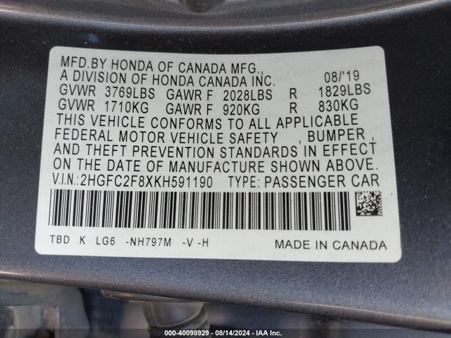 Honda Civic Sport 2019 2HGFC2F8XKH591190 Image 9