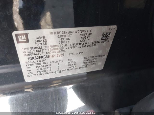 1GKS2FKC5HR217939 GMC Yukon Xl Sle