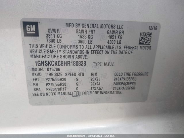 1GNSKCKC8HR180838 Chevrolet Tahoe Premier