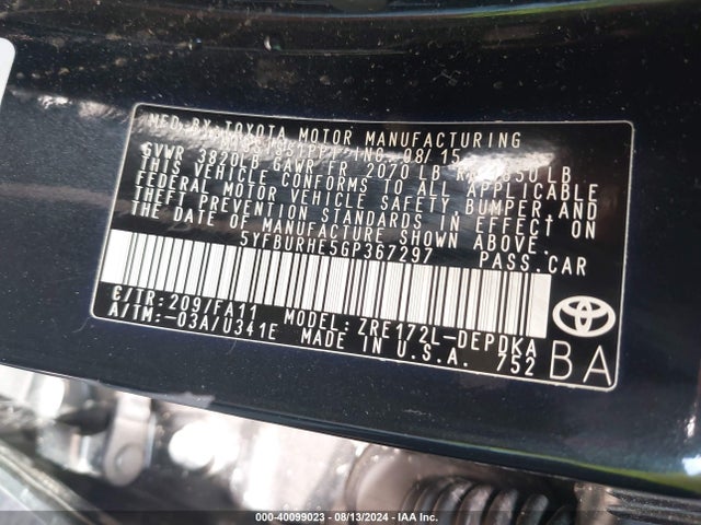 Toyota COROLLA L 2016 5YFBURHE5GP367297 Image 9