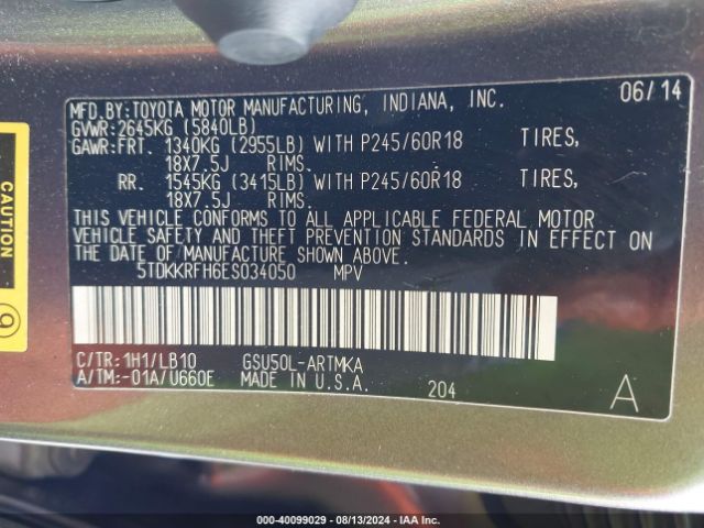5TDKKRFH6ES034050 Toyota Highlander Xle V6