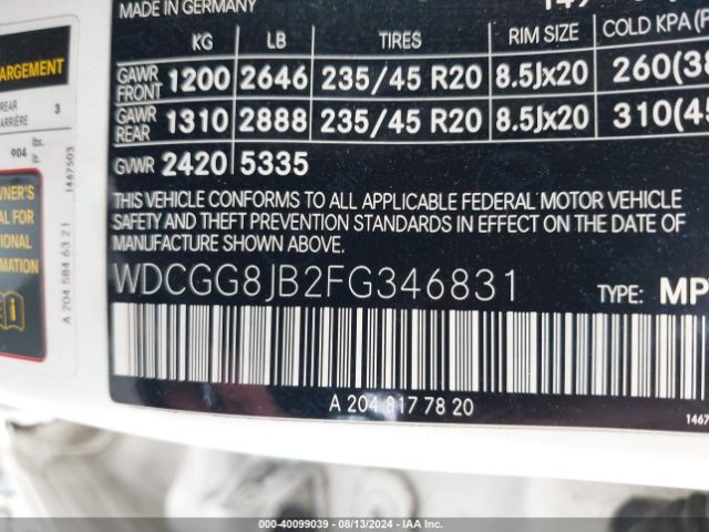 WDCGG8JB2FG346831 Mercedes-Benz Glk 350 4matic