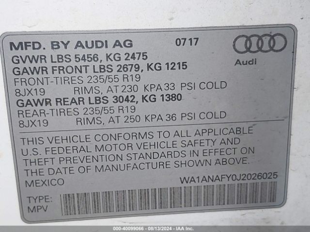 WA1ANAFY0J2026025 Audi Q5 2.0t Premium/2.0t Tech Premium