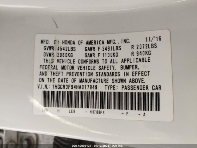 1HGCR3F94HA017949 Honda Accord Touring V6