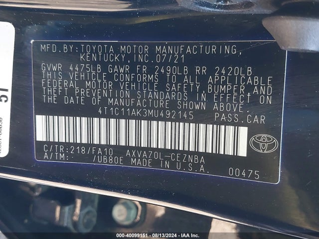 Toyota CAMRY LE 2021 4T1C11AK3MU492145 Image 9
