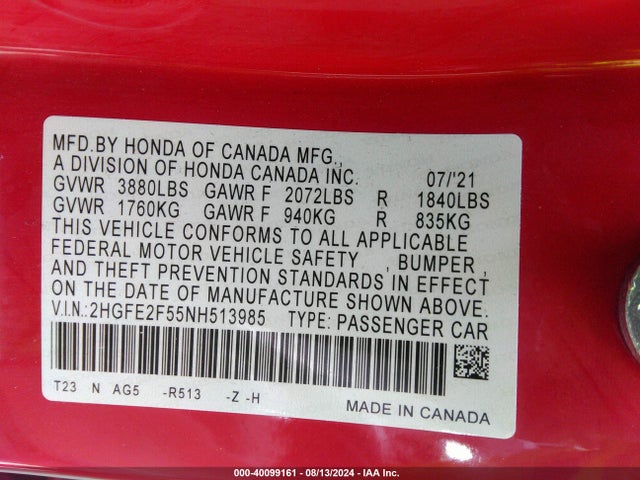 Honda Civic Sport 2022 2HGFE2F55NH513985 Image 9