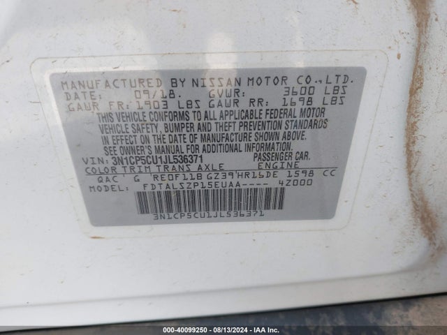 3N1CP5CU1JL536371 Nissan KICKS SV