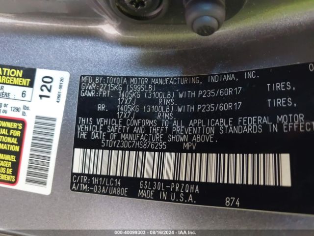 5TDYZ3DC7HS876295 Toyota Sienna Xle 8 Passenger