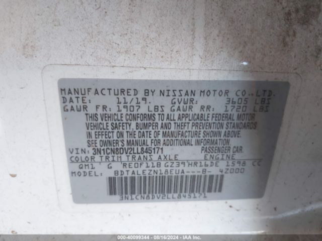 3N1CN8DV2LL845171 Nissan Versa S Xtronic Cvt