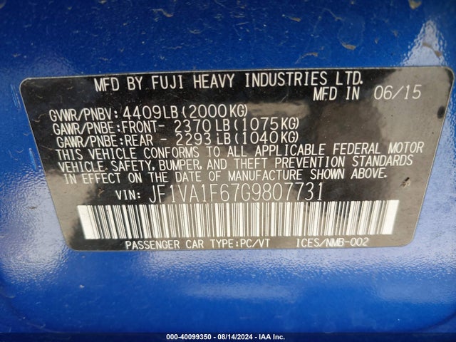 Subaru Wrx Premium 2016 JF1VA1F67G9807731 Image 9