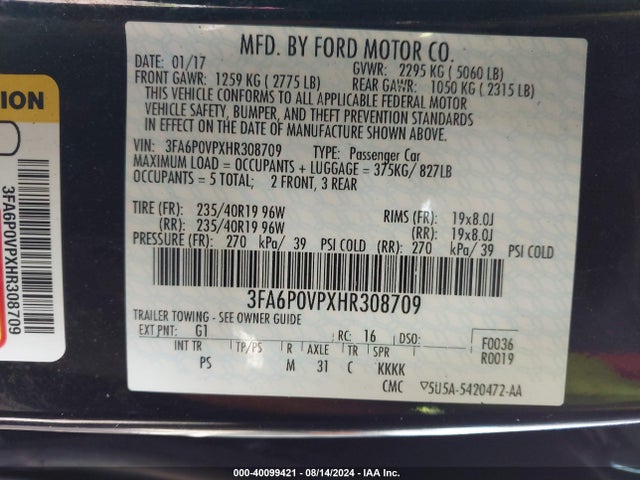 3FA6P0VPXHR308709 Ford Fusion Sport