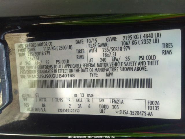 1FMCU9J9XGUB40168 Ford Escape Titanium
