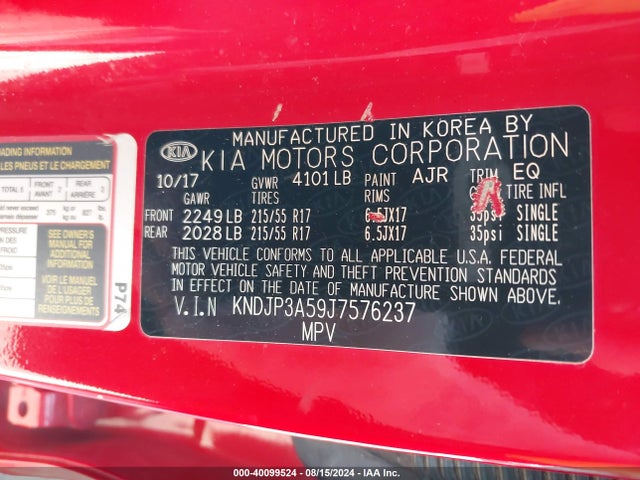 KIA SOUL + 2018 KNDJP3A59J7576237 Image 9