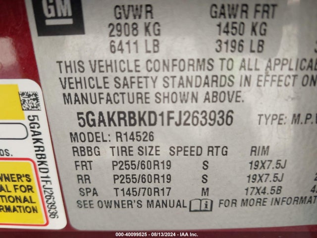 Buick Enclave Leather 2015 5GAKRBKD1FJ263936 Image 9