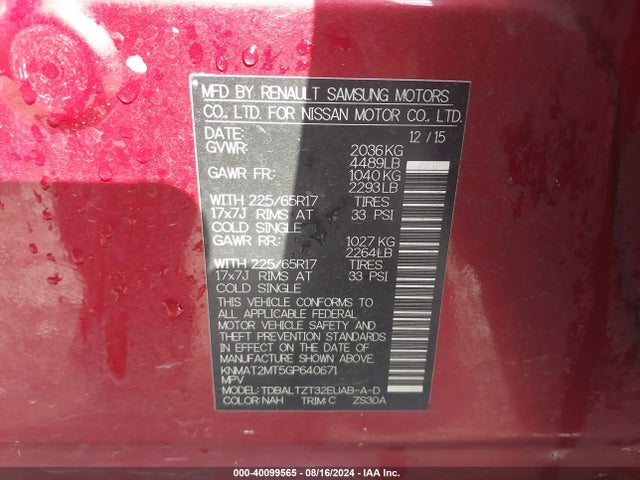 Nissan ROGUE SV 2016 KNMAT2MT5GP640671 Image 9