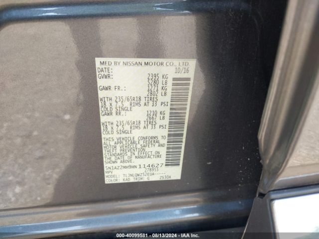 5N1AZ2MH9HN114627 Nissan MURANO SV