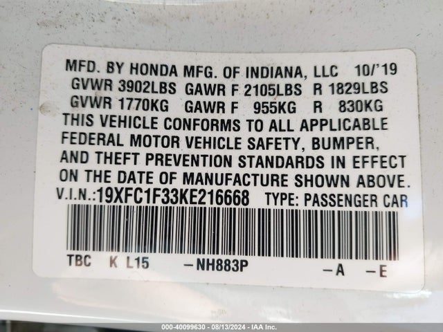 Honda CIVIC EX 2019 19XFC1F33KE216668 Image 9