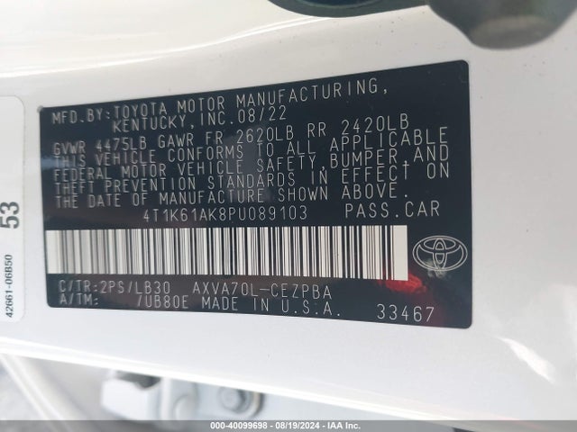 Toyota CAMRY XSE 2023 4T1K61AK8PU089103 Image 9