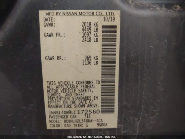 1N4BL4DW9LC172560 Nissan Altima Sv Intelligent Awd