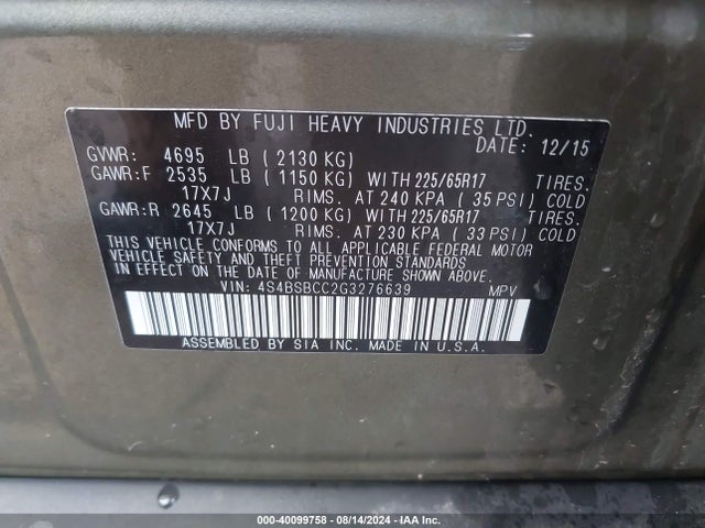 Subaru Outback 2.5i Premium 2016 4S4BSBCC2G3276639 Image 9